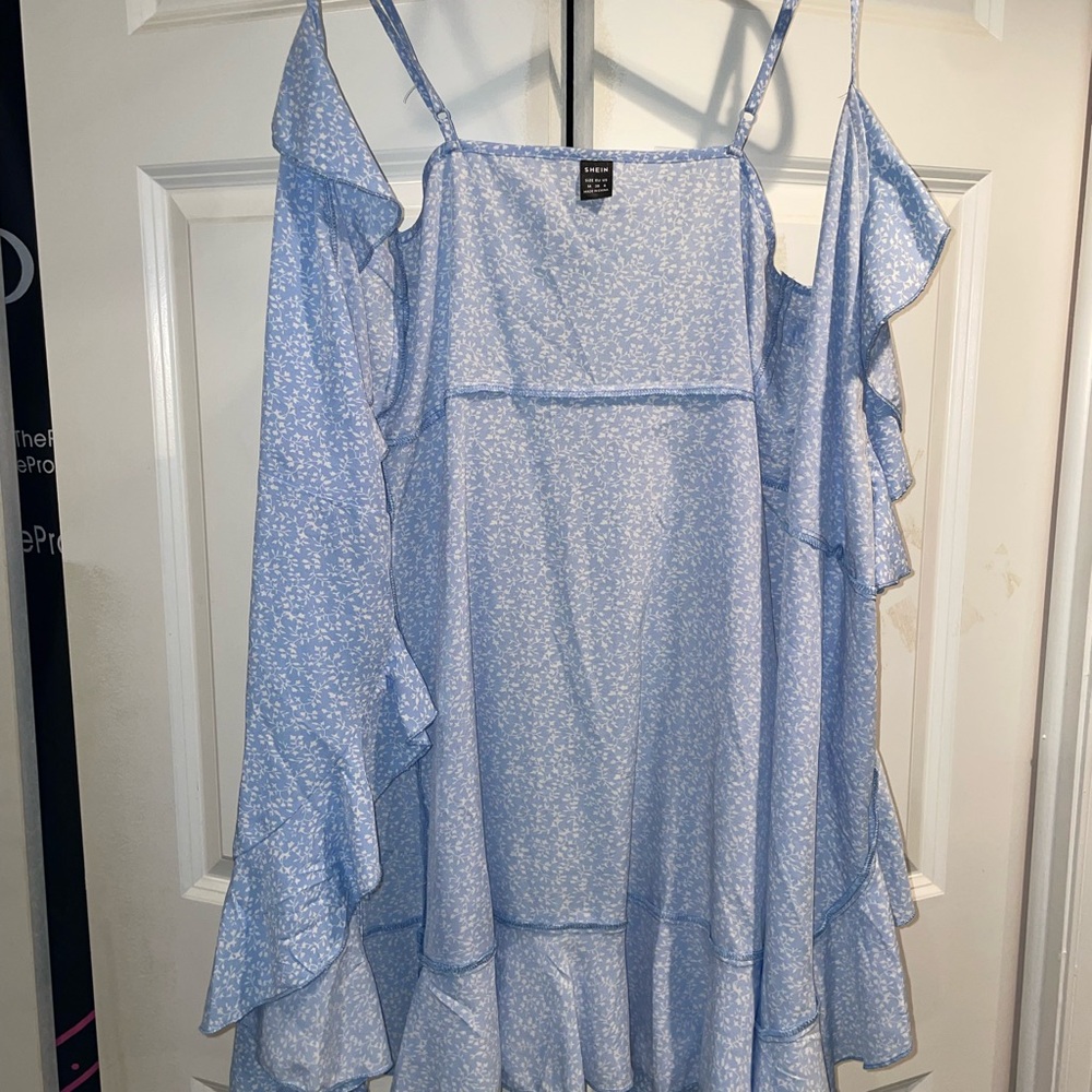 Light Blue Floral Ruffle Cold-Shoulder Dress